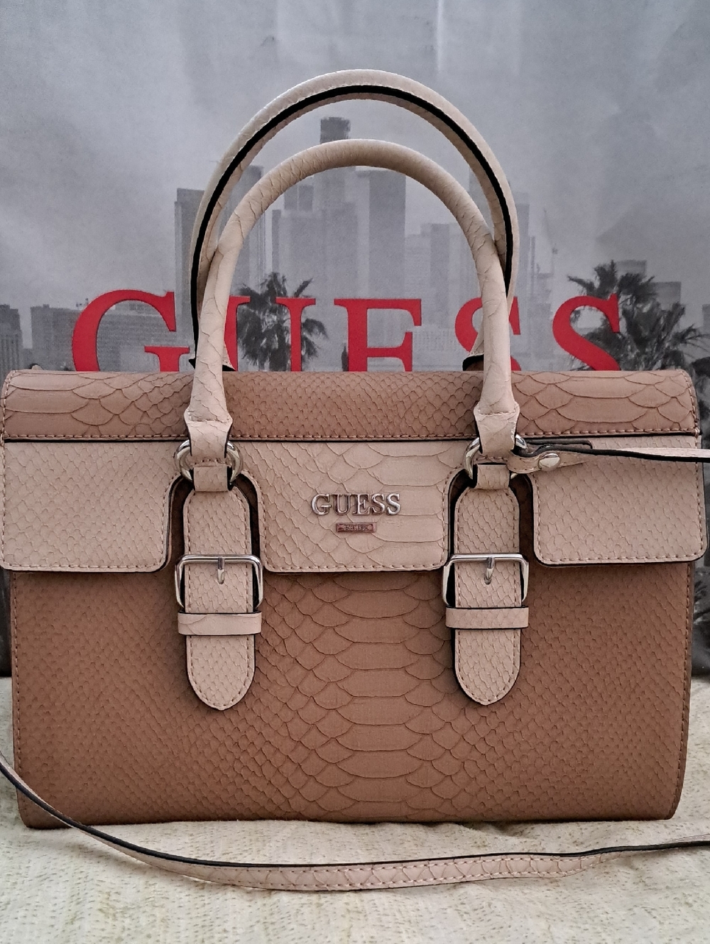 GUESS Two-Tone Taupe & Cream Textured Satchel Bag Purse
